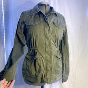 Gap Army Green Utility Jacket, Embroidered Detailing, Gathered Waist, Women’s M